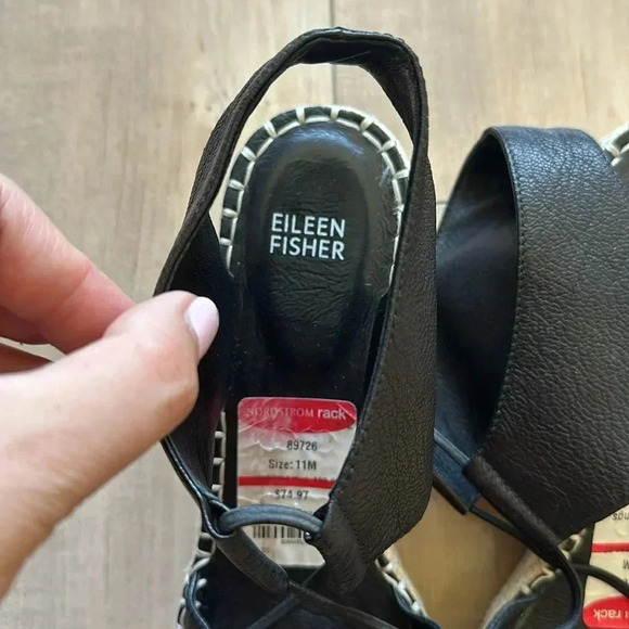 NEW Eileen Fisher Black Leather Agnes Espadrille Wedge Sandal Women's Size 11 - Picture 4 of 7